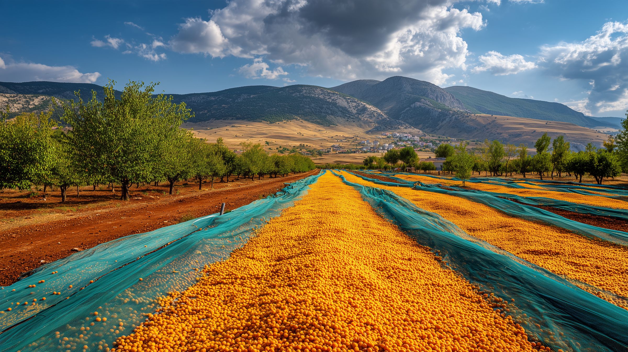 Apricots sun-drying on cloths in a Malatya field